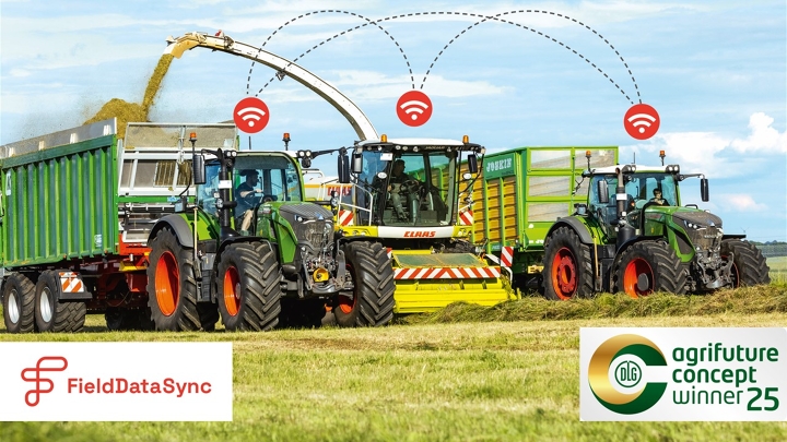 Agricultural machinery from different manufacturers in field work, connected by dashed lines, which represent wireless communication via FieldDataSync