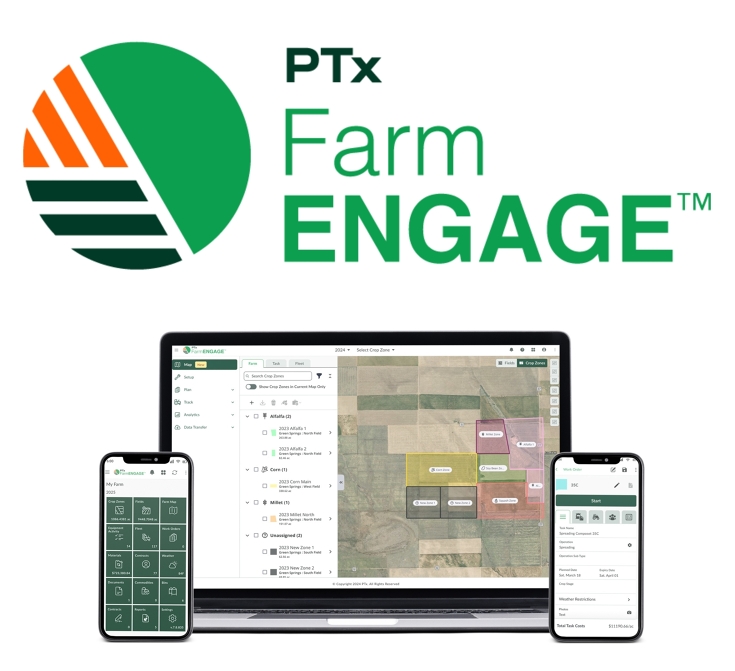 PTx FarmENGAGE logo with cab screen and cell phone images