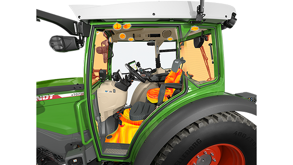Interior view of a Fendt e100 V Vario cab, in which various heating elements are visible