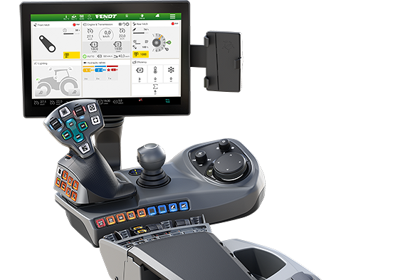 View of an armrest with controls and screen for the FendtONE driver's workstation