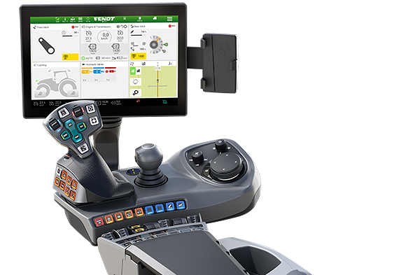 View of an armrest and screen including Smart Farming basic packages for FendtONE driver's workplace