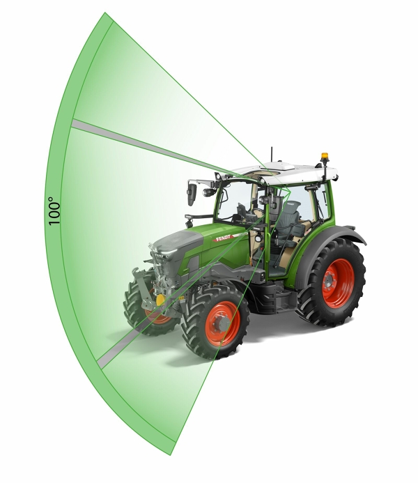 All-round view from the cab of the Fendt e100 Vario including panoramic roof window