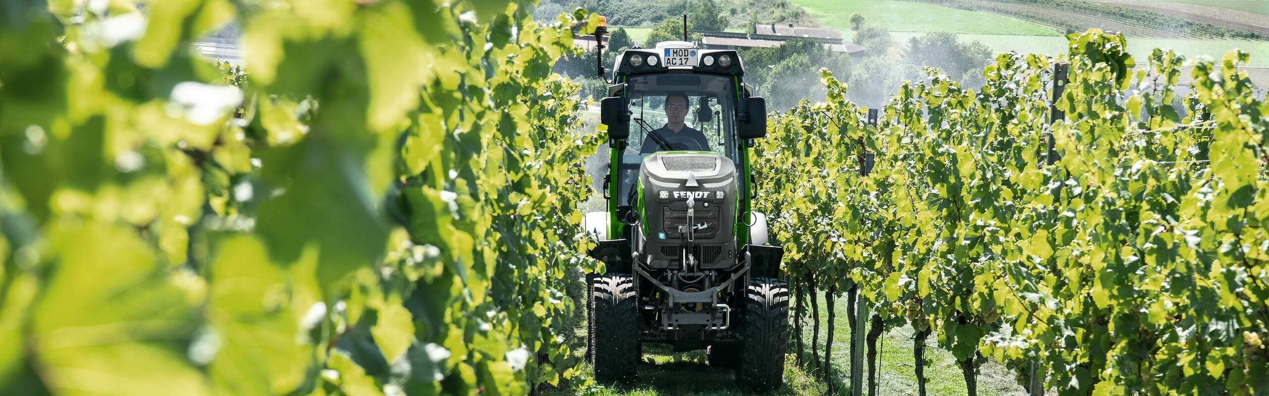 Fendt e100 V Vario scores highly in sustainability A Fendt e100 V Vario in the vineyard in summer time
