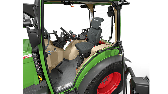 Comfortable cab of a Fendt e100 V Vario Cropped diagram in the spacious luxury cab of a Fendt e100 V Vario