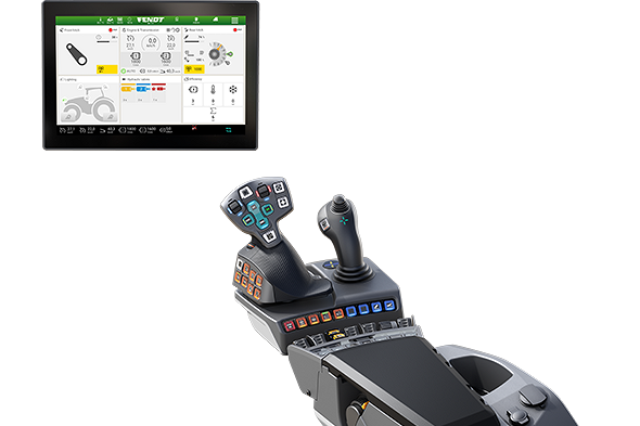 Profi Setting 2 for FendtONE driver's workstation View of an armrest with controls, a joystick and screen for the FendtONE driver's workstation