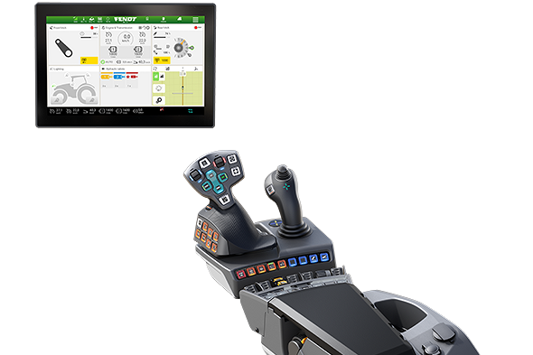 Profi+ Setting 2 for FendtONE driver's workstation View of an armrest, 3L joystick and screen including Smart Farming basic packages for FendtONE driver's workplace