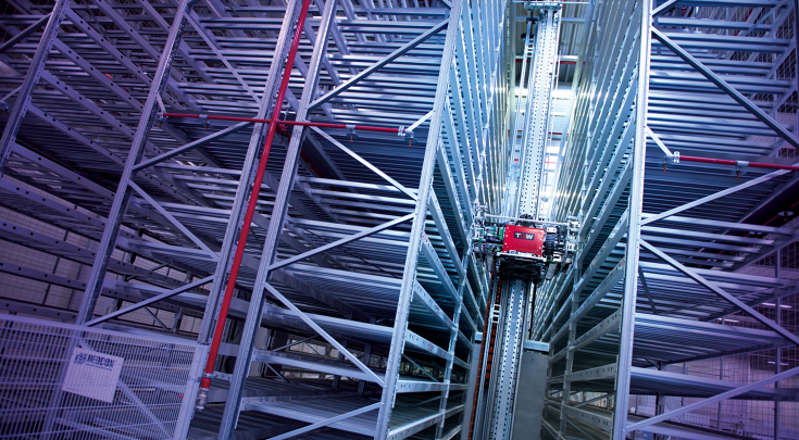 Automated small parts warehouse (ASRS) with high rack density and two mobile storage and retrieval machines.