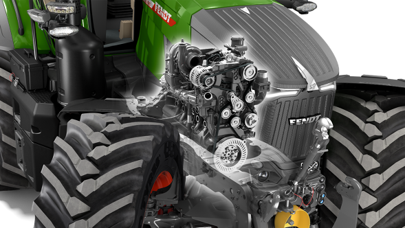 Detailed view of an AGCO Power CORE80 diesel engine in a CGI image