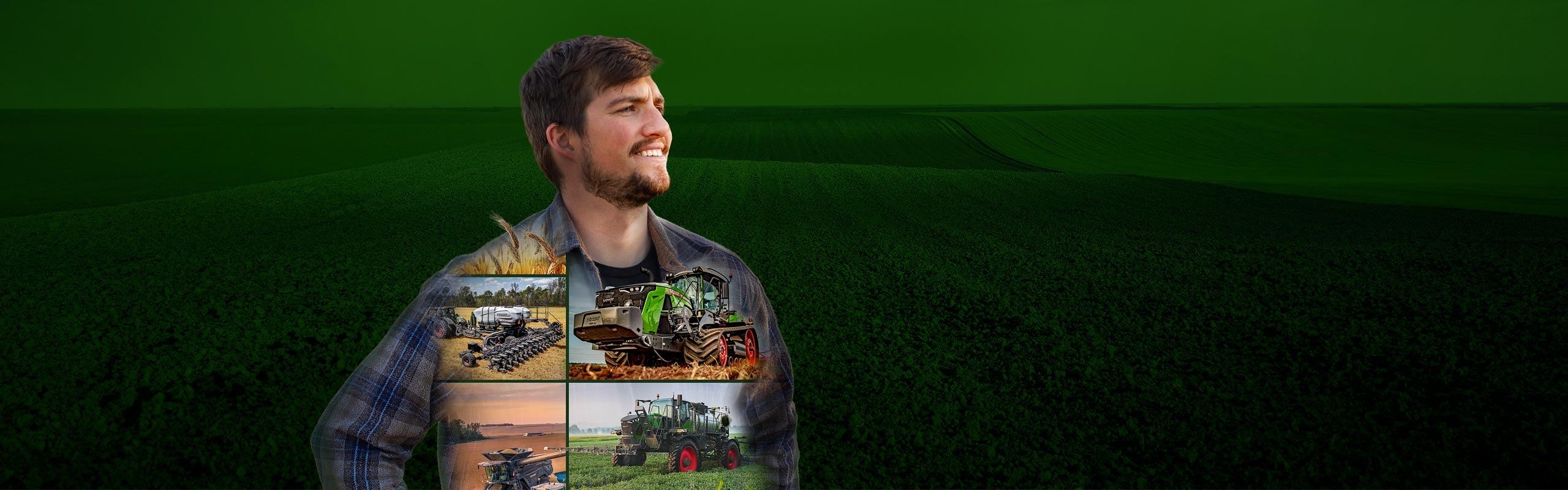 Male Farmer smiling as he looks over a field with images of Fendt tractor and planter below him