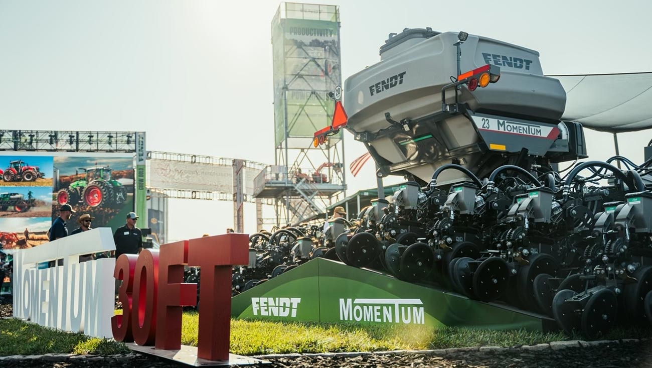 Fendt Momentum Planter at Farm Progress Show with tall tower in the background