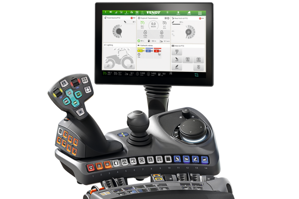 Operating armrest of a Fendt tractor with black padding, two rockers for hydraulic control, a crossgate lever with colourful symbol buttons and a large 12-inch terminal with display, all against a white background