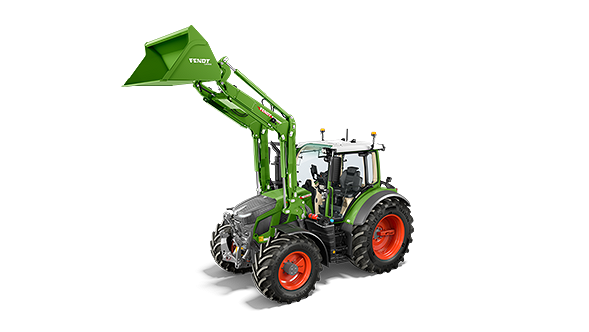 Fendt 500 Vario Gen4 tractor on white background, equipped with a green front loader and raised shovel. The tractor is green with red rims and large tread tyres. The cab is glazed and provided with warning lights.