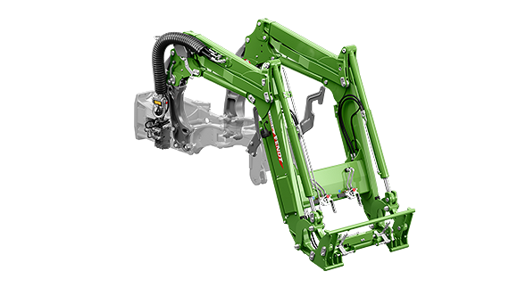 Green Fendt Cargo front loader on white background, without tractor. Hydraulic lines, cylinders and mountings for implements are visible. The solid construction and the technical construction with joints, hoses and reinforcements are presented in detail.