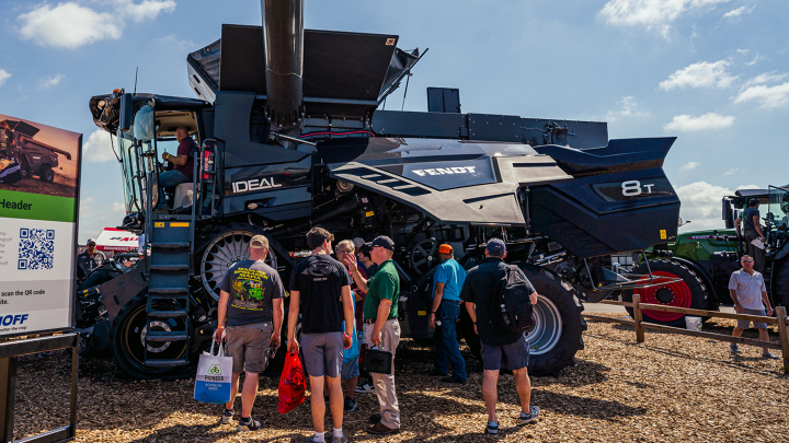 Fendt IDEAL Combine at the Fendt Lot During Farm Progress Show Farmers look at the Fendt IDEAL Combine on Farm Show Lot