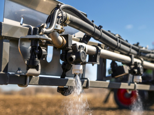 Close-up of an agricultural spray boom with multiple nozzles from which water is emerging.