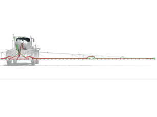 Side view of a large agricultural spray vehicle with boom extended.