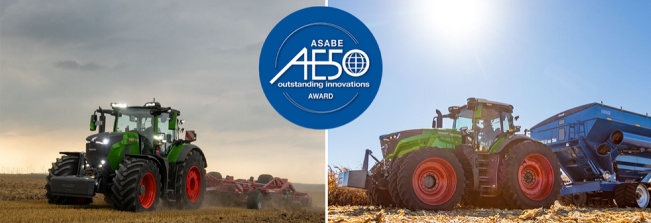 Fendt 1000 Vario and Fendt 800 Vario Tractors side by side with AE50 Award Emblem between them