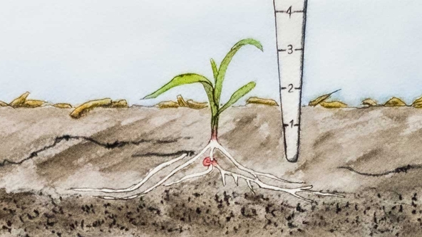 drawing of a plant with roots in the ground beside a depth measuring tool