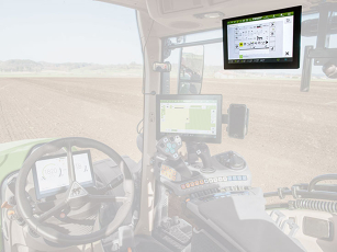 Interior view of a tractor cab with three main screens: a central 12-inch terminal with up to six freely configurable displays, a roof terminal partially recessed into the roof trim showing applications such as air conditioning and infotainment, and a dis